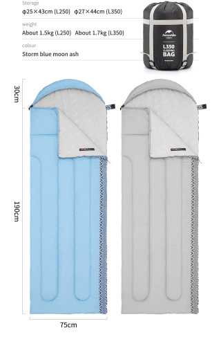 Мешок спальный Naturehike Evenlope Down L 250 , (190+30)x75 см, (правый) (ТК: +9°C), голубой