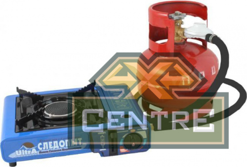 Плита газовая портативная СЛЕДОПЫТ UltrA керамическая конфорка, цанговый баллон, с переходником