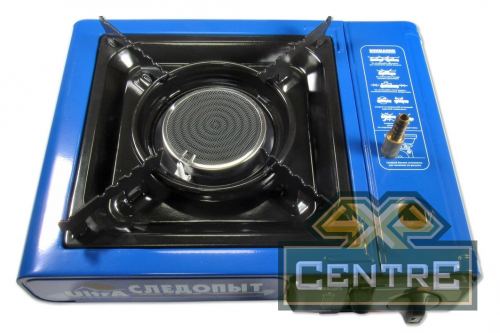 Плита газовая портативная СЛЕДОПЫТ UltrA керамическая конфорка, цанговый баллон, с переходником