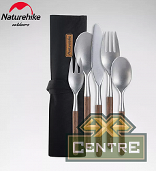 Набор столовых приборов Naturehike 5 в 1 (нож, 2 вилки, 2 ложки), нержавеющая сталь, орех, в чехле