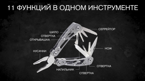 Мультитул "Ganzo", 73x73х13 мм, 11 предметов, цв.серый