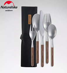 Набор столовых приборов Naturehike 5 в 1 (нож, 2 вилки, 2 ложки), нержавеющая сталь, орех, в чехле
