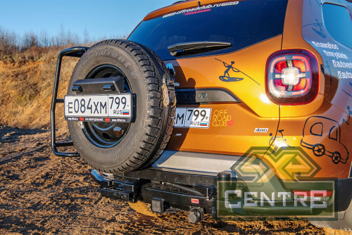 Бампер РИФ силовой задний Renault Duster 2021+ c квадратом под фаркоп, калиткой и подсветкой номера